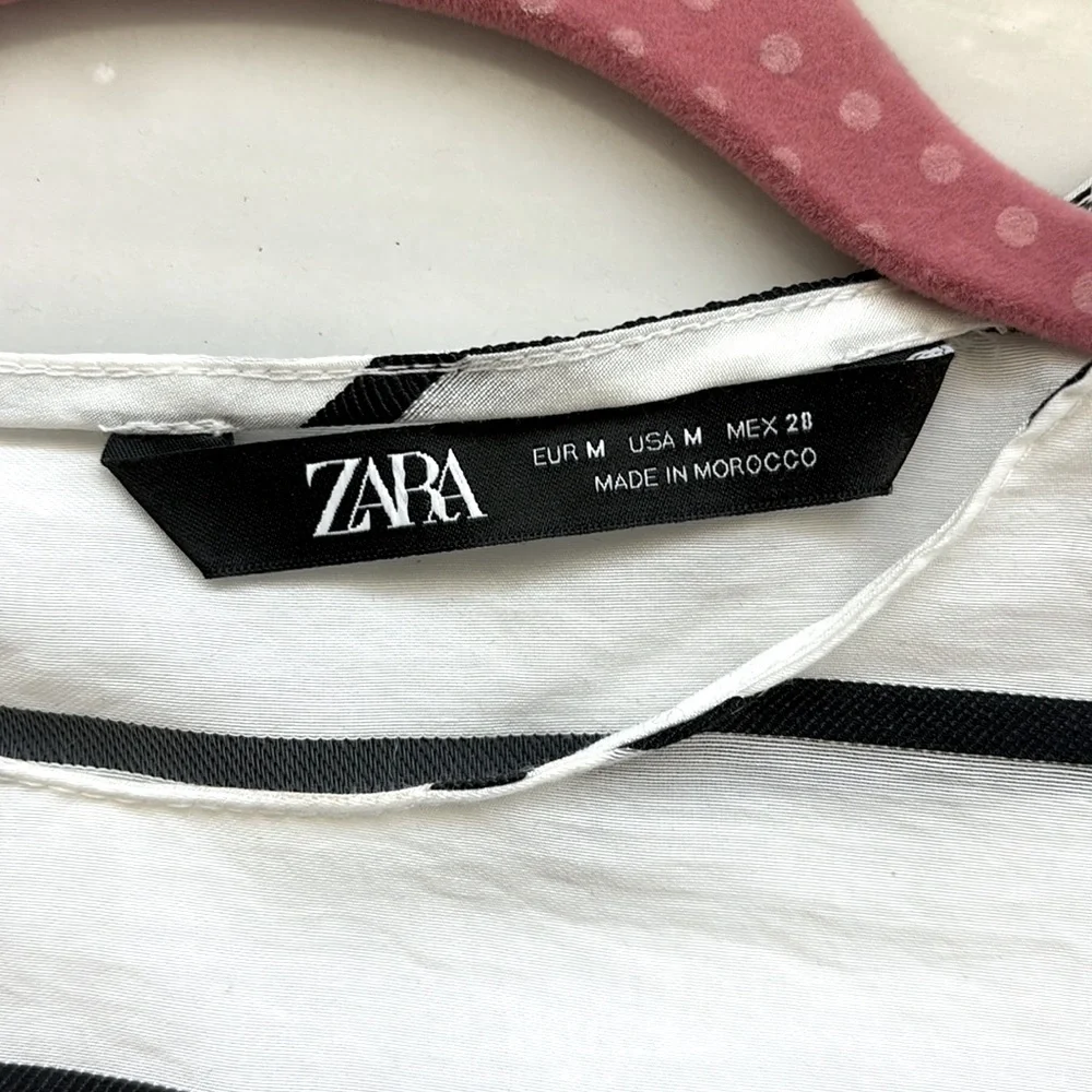 Zara white w/ black stripe long sleeve puff shoulder blouse, size M